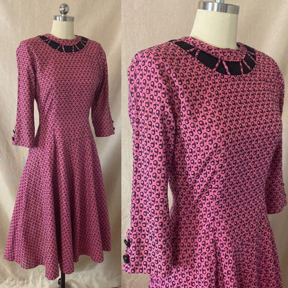 Vintage 1950's Full Swing Bowling Dress | Bubblegum Pink with Navy Blue Abstract Cotton Damask | Size 32 - 34 Bust, XS | Peg Hurley by Brunner - Daggers & Dames