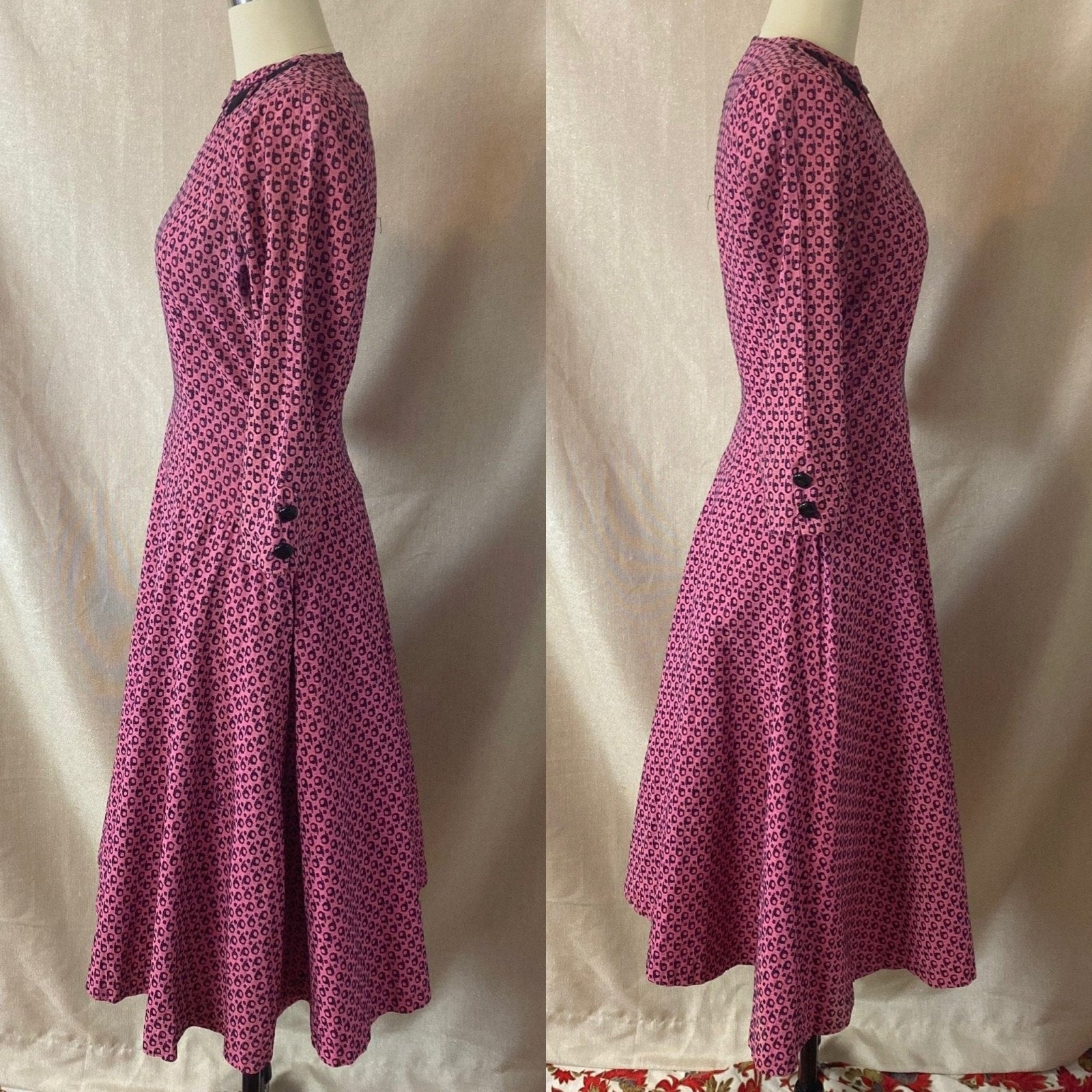Vintage 1950's Full Swing Bowling Dress | Bubblegum Pink with Navy Blue Abstract Cotton Damask | Size 32 - 34 Bust, XS | Peg Hurley by Brunner - Daggers & Dames