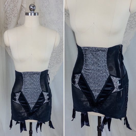 Vintage 1950's Girdle - Black Mesh with Embroidered Chiffon & Rayon Satin Panels by Camp | Small, Medium - Daggers & Dames