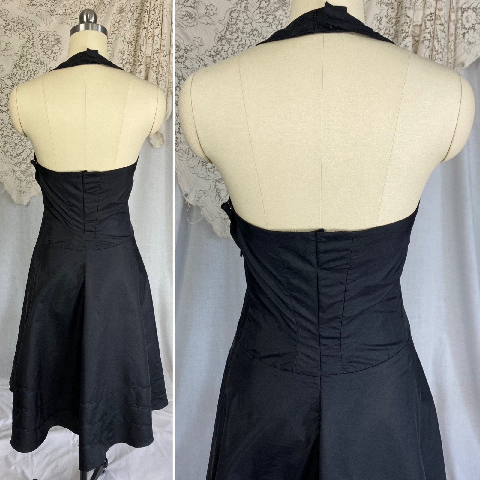 Vintage 1950's Halter Slip Dress | Black Taffeta with Piping Detail | Size XS - Daggers & Dames