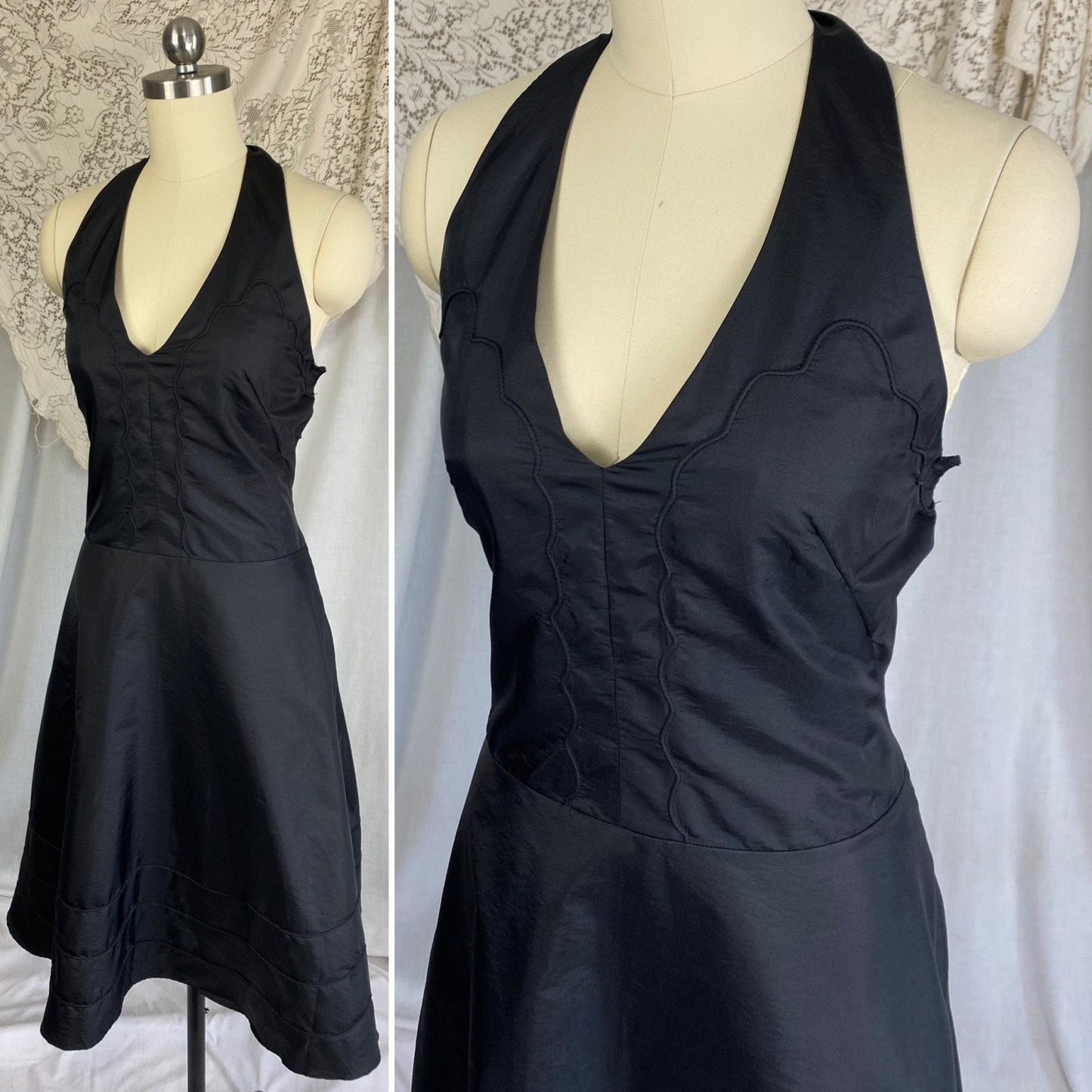 Vintage 1950's Halter Slip Dress | Black Taffeta with Piping Detail | Size XS - Daggers & Dames