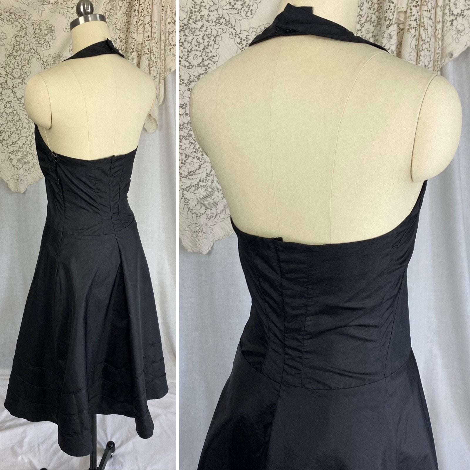 Vintage 1950's Halter Slip Dress | Black Taffeta with Piping Detail | Size XS - Daggers & Dames