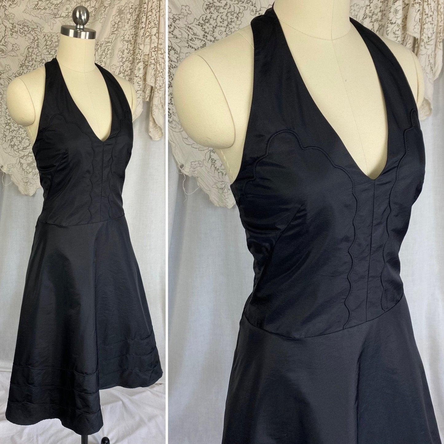 Vintage 1950's Halter Slip Dress | Black Taffeta with Piping Detail | Size XS - Daggers & Dames