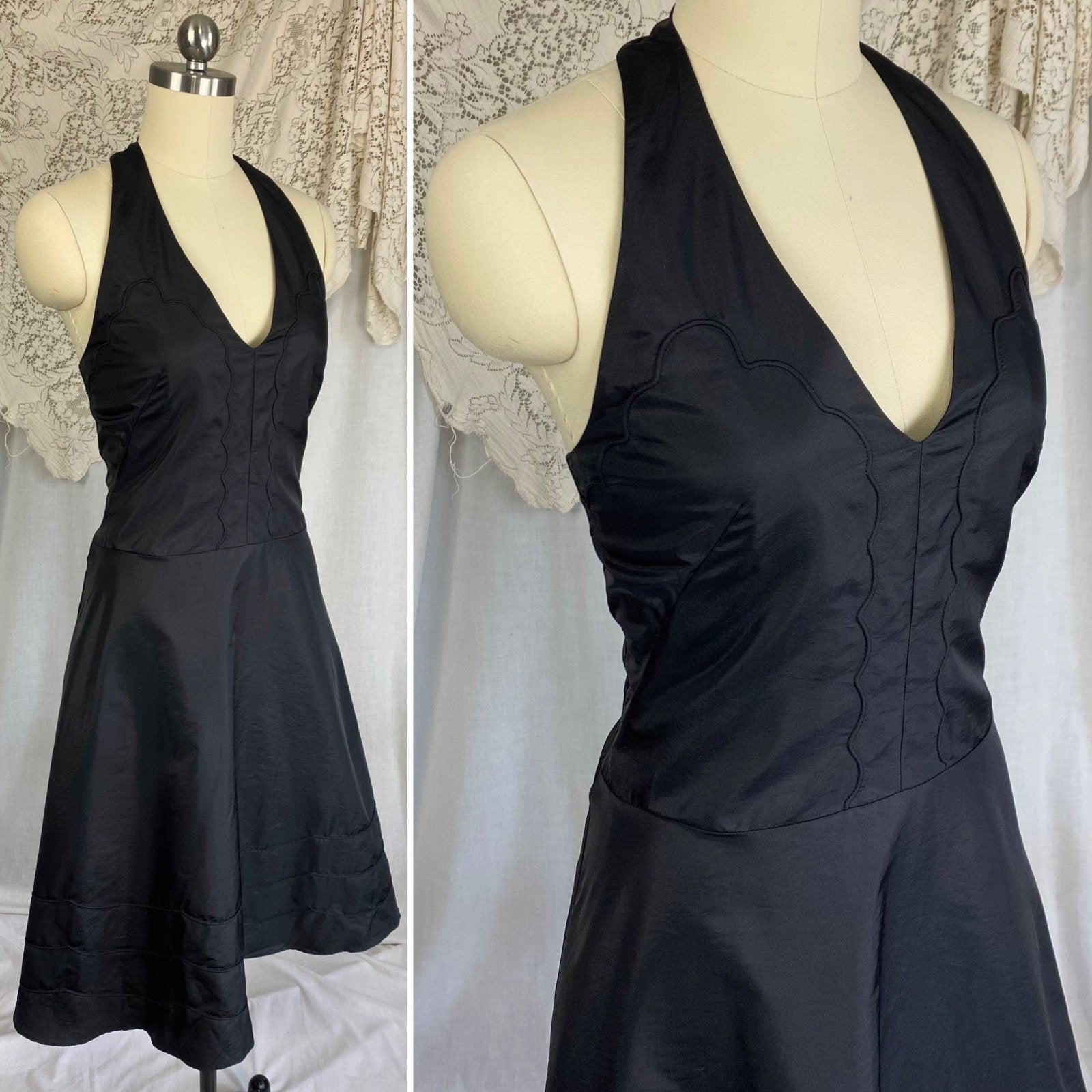 Vintage 1950's Halter Slip Dress | Black Taffeta with Piping Detail | Size XS - Daggers & Dames