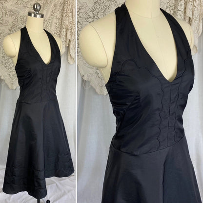 Vintage 1950's Halter Slip Dress | Black Taffeta with Piping Detail | Size XS - Daggers & Dames