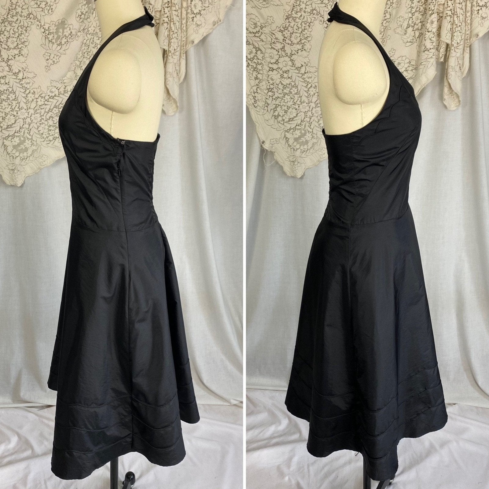 Vintage 1950's Halter Slip Dress | Black Taffeta with Piping Detail | Size XS - Daggers & Dames