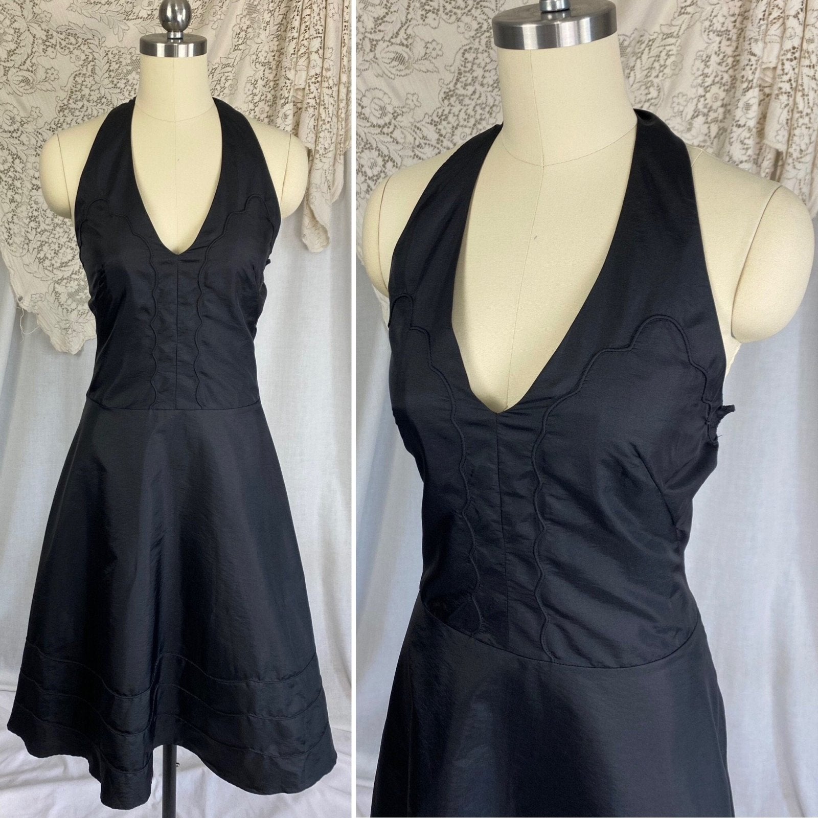 Vintage 1950's Halter Slip Dress | Black Taffeta with Piping Detail | Size XS - Daggers & Dames