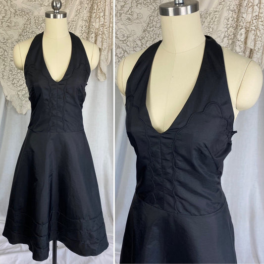 Vintage 1950's Halter Slip Dress | Black Taffeta with Piping Detail | Size XS - Daggers & Dames