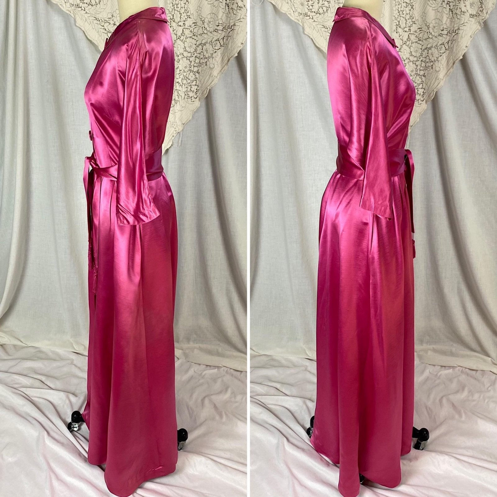Vintage 1950's Hostess Dress | Hot Pink Rayon Satin with Tasseled Sash Tie | Size XS, S - Daggers & Dames