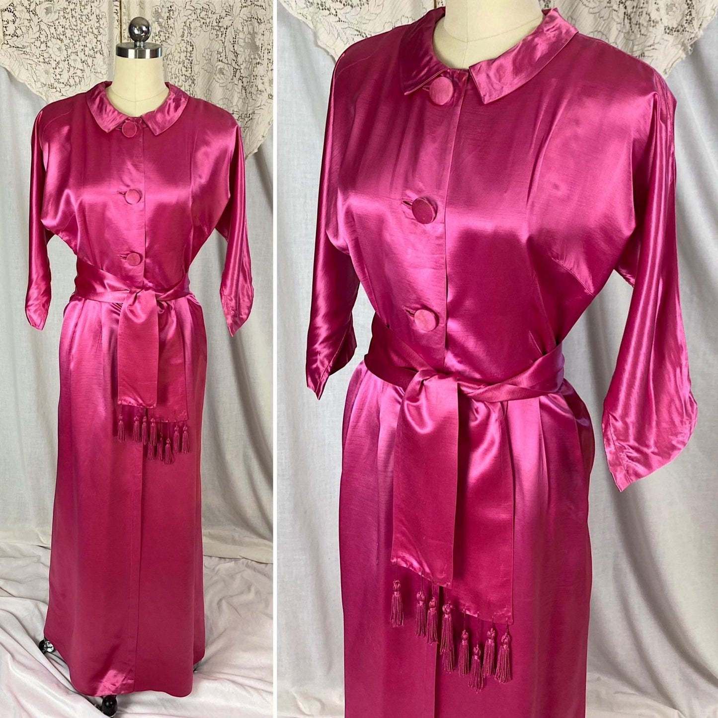 Vintage 1950's Hostess Dress | Hot Pink Rayon Satin with Tasseled Sash Tie | Size XS, S - Daggers & Dames