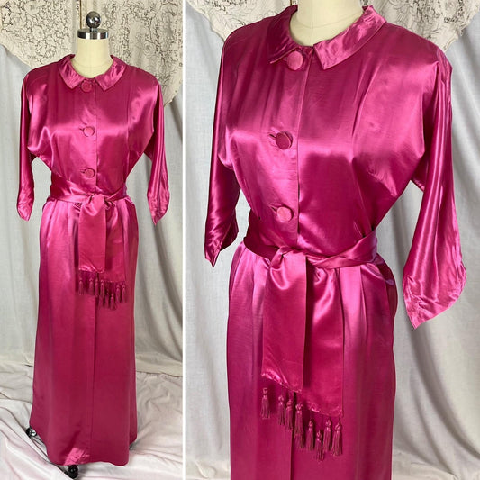 Vintage 1950's Hostess Dress | Hot Pink Rayon Satin with Tasseled Sash Tie | Size XS, S - Daggers & Dames