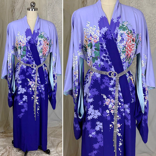 Vintage 1950's Japanese Kimono Robe - Bright Lilac & Royal Purple Rayon Crepe with Elaborate Floral Motif, Import for Luau Sportswear, Hawaii - Daggers & Dames