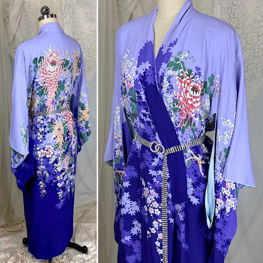 Vintage 1950's Japanese Kimono Robe - Bright Lilac & Royal Purple Rayon Crepe with Elaborate Floral Motif, Import for Luau Sportswear, Hawaii - Daggers & Dames