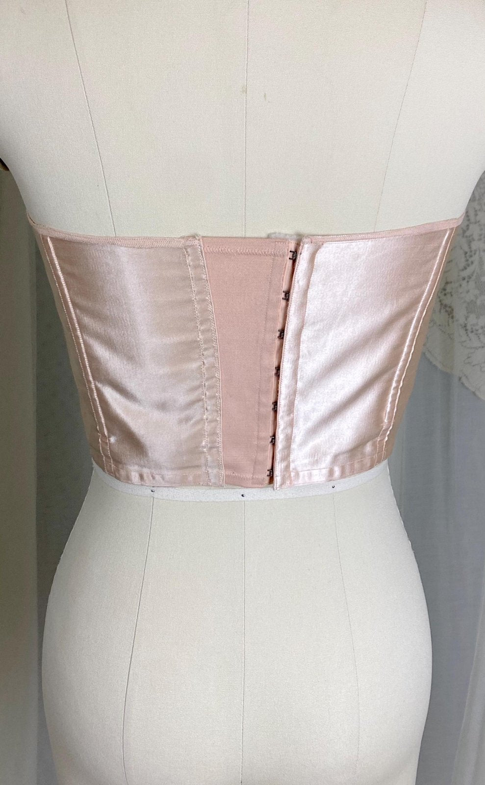Vintage 1950's Longline Cathedral Bra - Petal Pink Rayon Satin with Tulle Darted Cups & Velvet Lining - 36 B - By Jeanine, Made in France - Daggers & Dames