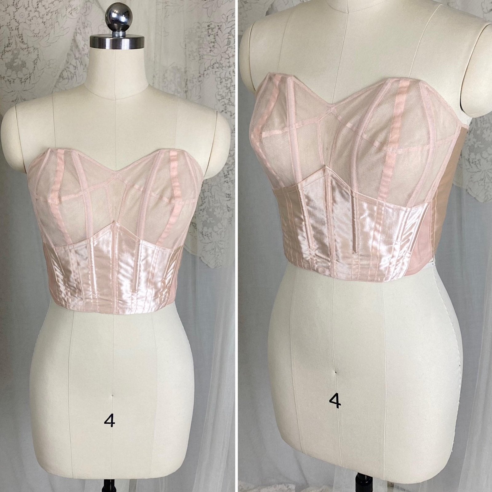 Vintage 1950's Longline Cathedral Bra - Petal Pink Rayon Satin with Tulle Darted Cups & Velvet Lining - 36 B - By Jeanine, Made in France - Daggers & Dames