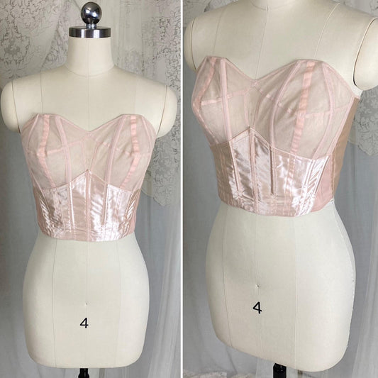 Vintage 1950's Longline Cathedral Bra - Petal Pink Rayon Satin with Tulle Darted Cups & Velvet Lining - 36 B - By Jeanine, Made in France - Daggers & Dames