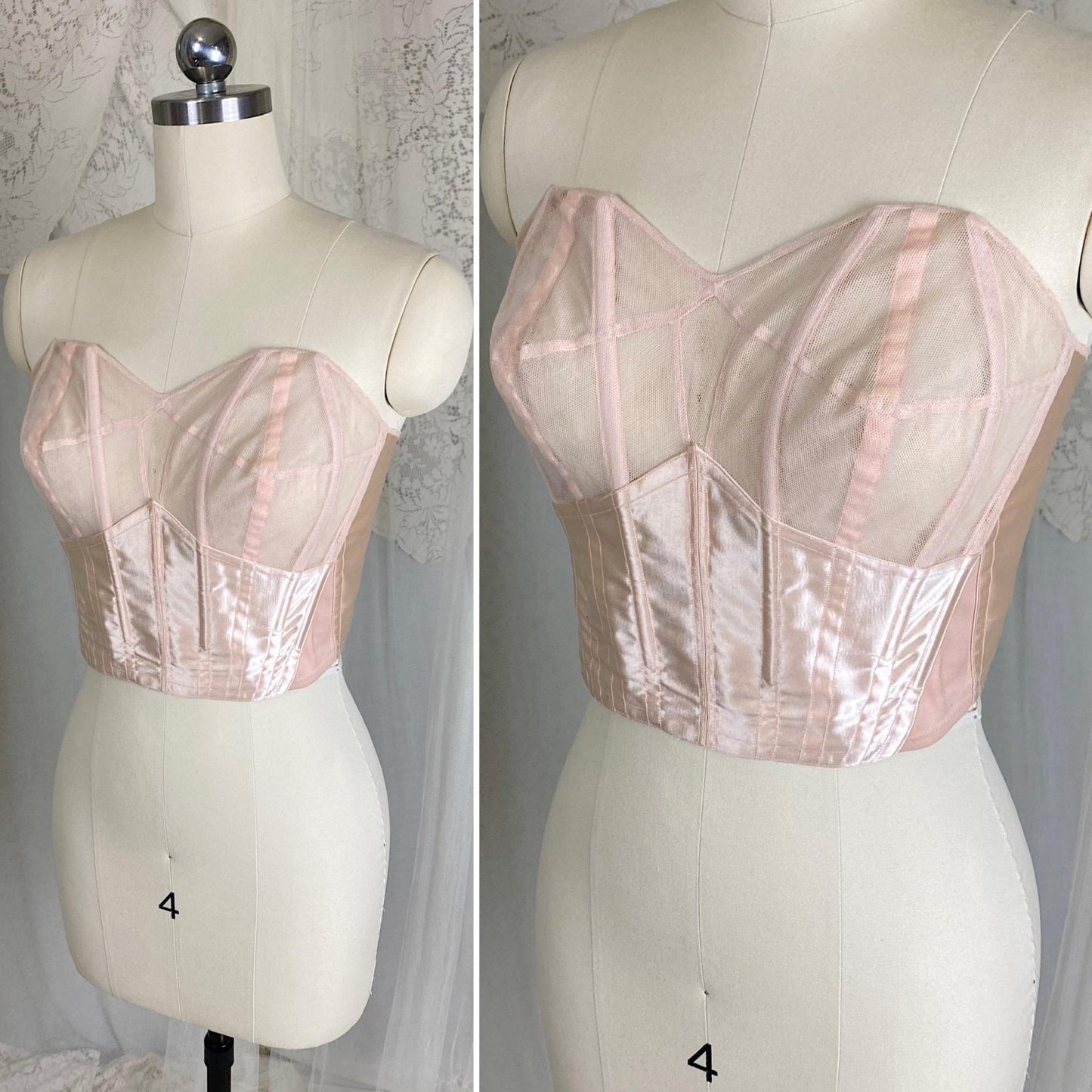 Vintage 1950's Longline Cathedral Bra - Petal Pink Rayon Satin with Tulle Darted Cups & Velvet Lining - 36 B - By Jeanine, Made in France - Daggers & Dames