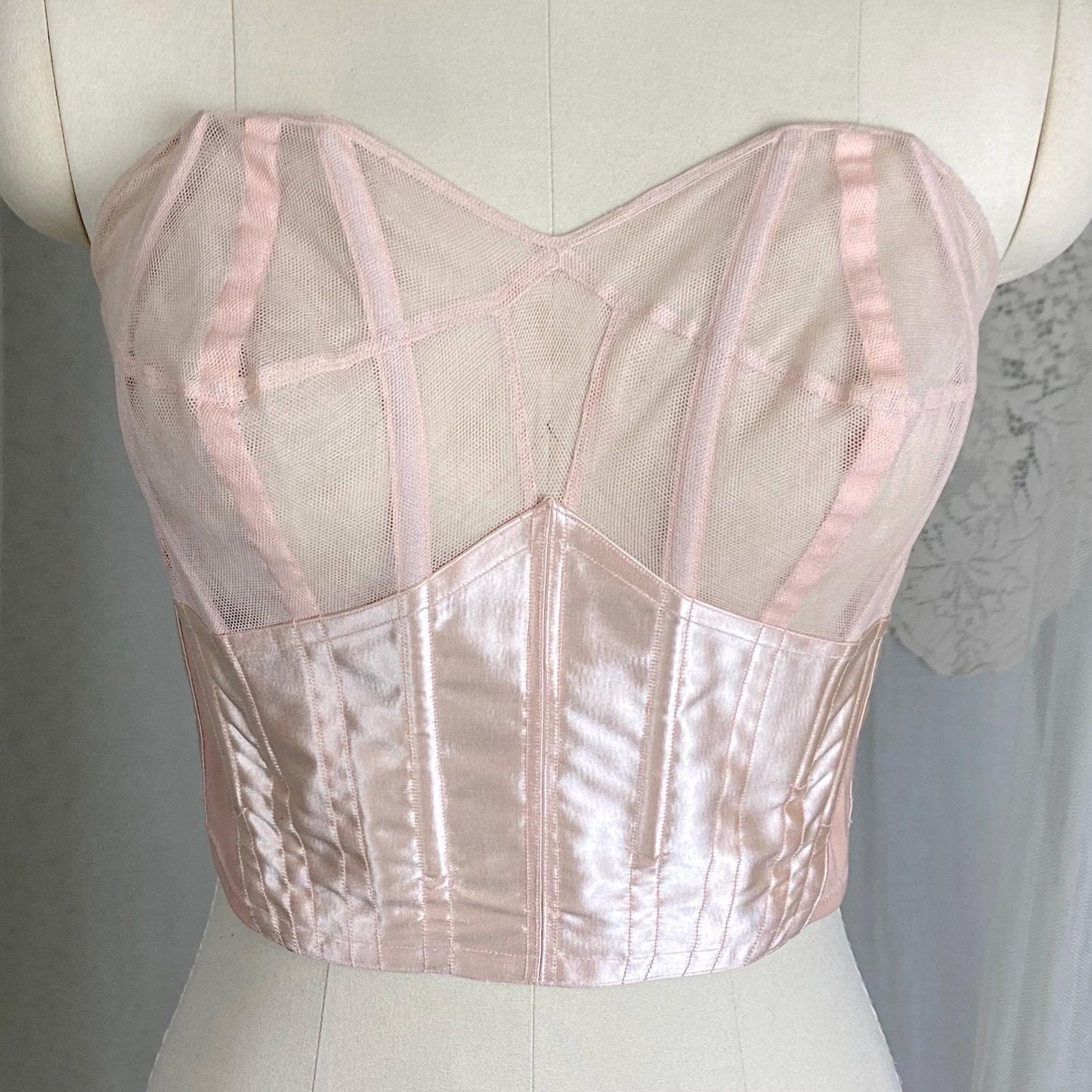 Vintage 1950's Longline Cathedral Bra - Petal Pink Rayon Satin with Tulle Darted Cups & Velvet Lining - 36 B - By Jeanine, Made in France - Daggers & Dames