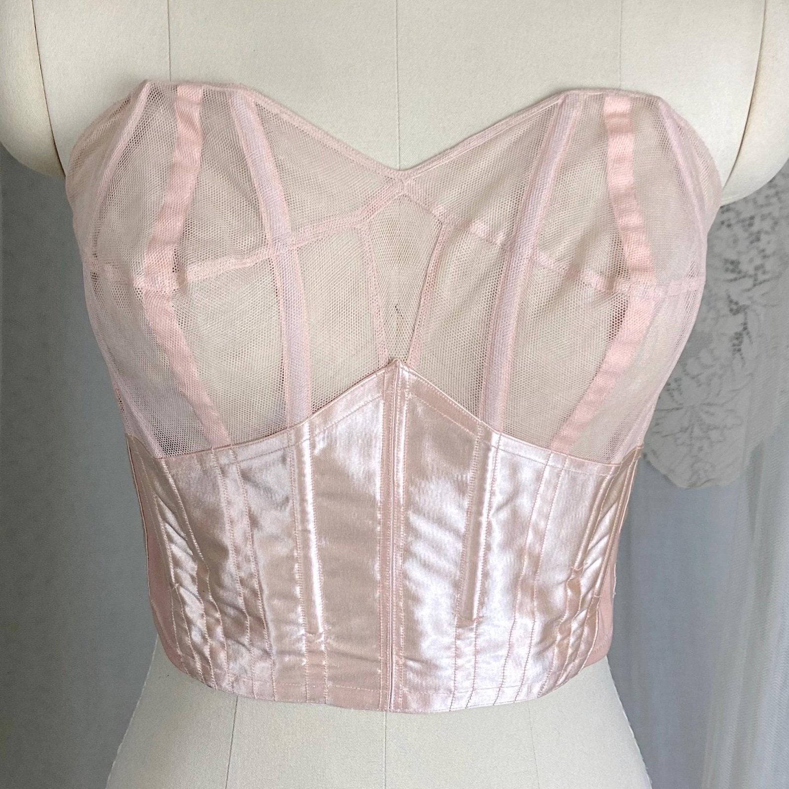 Vintage 1950's Longline Cathedral Bra - Petal Pink Rayon Satin with Tulle Darted Cups & Velvet Lining - 36 B - By Jeanine, Made in France - Daggers & Dames