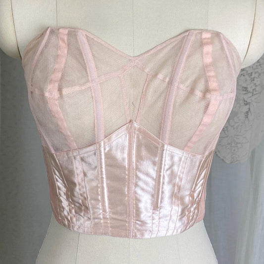 Vintage 1950's Longline Cathedral Bra - Petal Pink Rayon Satin with Tulle Darted Cups & Velvet Lining - 36 B - By Jeanine, Made in France - Daggers & Dames