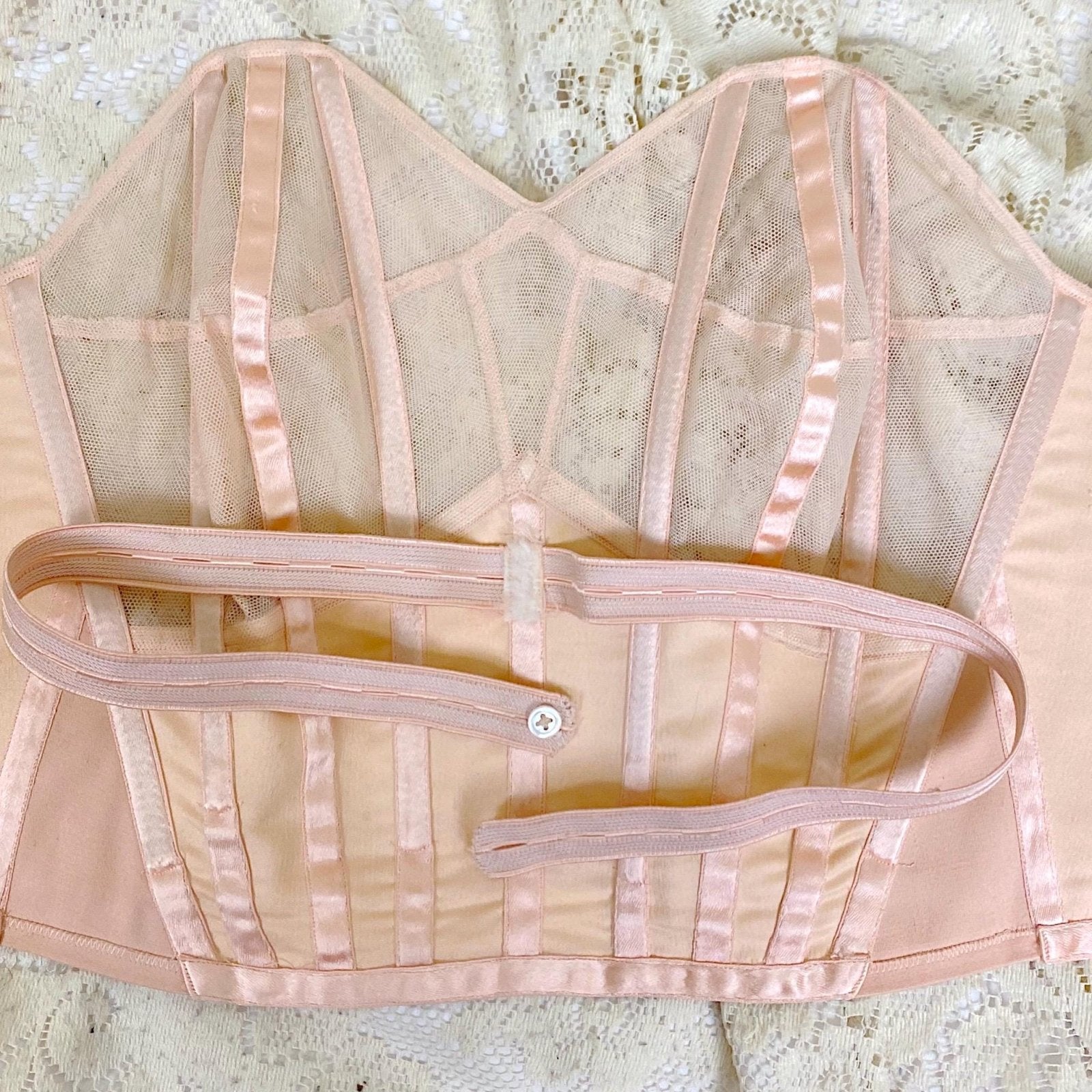 Vintage 1950's Longline Cathedral Bra - Petal Pink Rayon Satin with Tulle Darted Cups & Velvet Lining - 36 B - By Jeanine, Made in France - Daggers & Dames