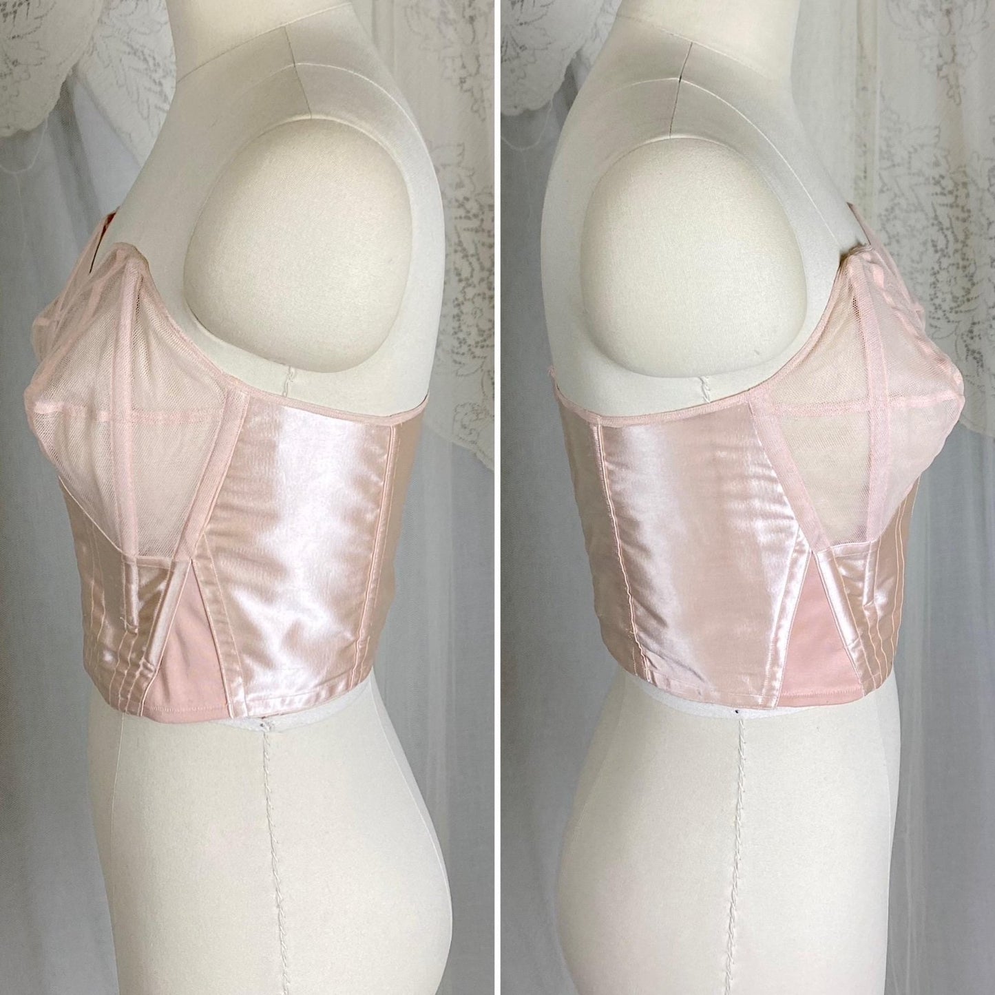 Vintage 1950's Longline Cathedral Bra - Petal Pink Rayon Satin with Tulle Darted Cups & Velvet Lining - 36 B - By Jeanine, Made in France - Daggers & Dames