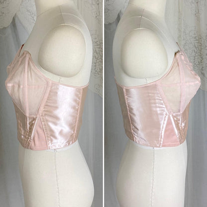 Vintage 1950's Longline Cathedral Bra - Petal Pink Rayon Satin with Tulle Darted Cups & Velvet Lining - 36 B - By Jeanine, Made in France - Daggers & Dames