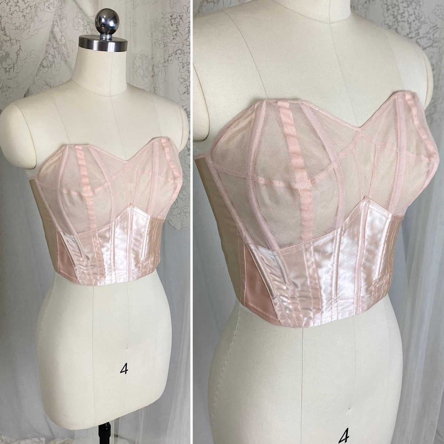 Vintage 1950's Longline Cathedral Bra - Petal Pink Rayon Satin with Tulle Darted Cups & Velvet Lining - 36 B - By Jeanine, Made in France - Daggers & Dames
