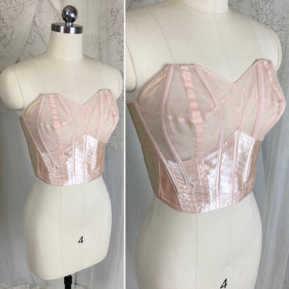 Vintage 1950's Longline Cathedral Bra - Petal Pink Rayon Satin with Tulle Darted Cups & Velvet Lining - 36 B - By Jeanine, Made in France - Daggers & Dames