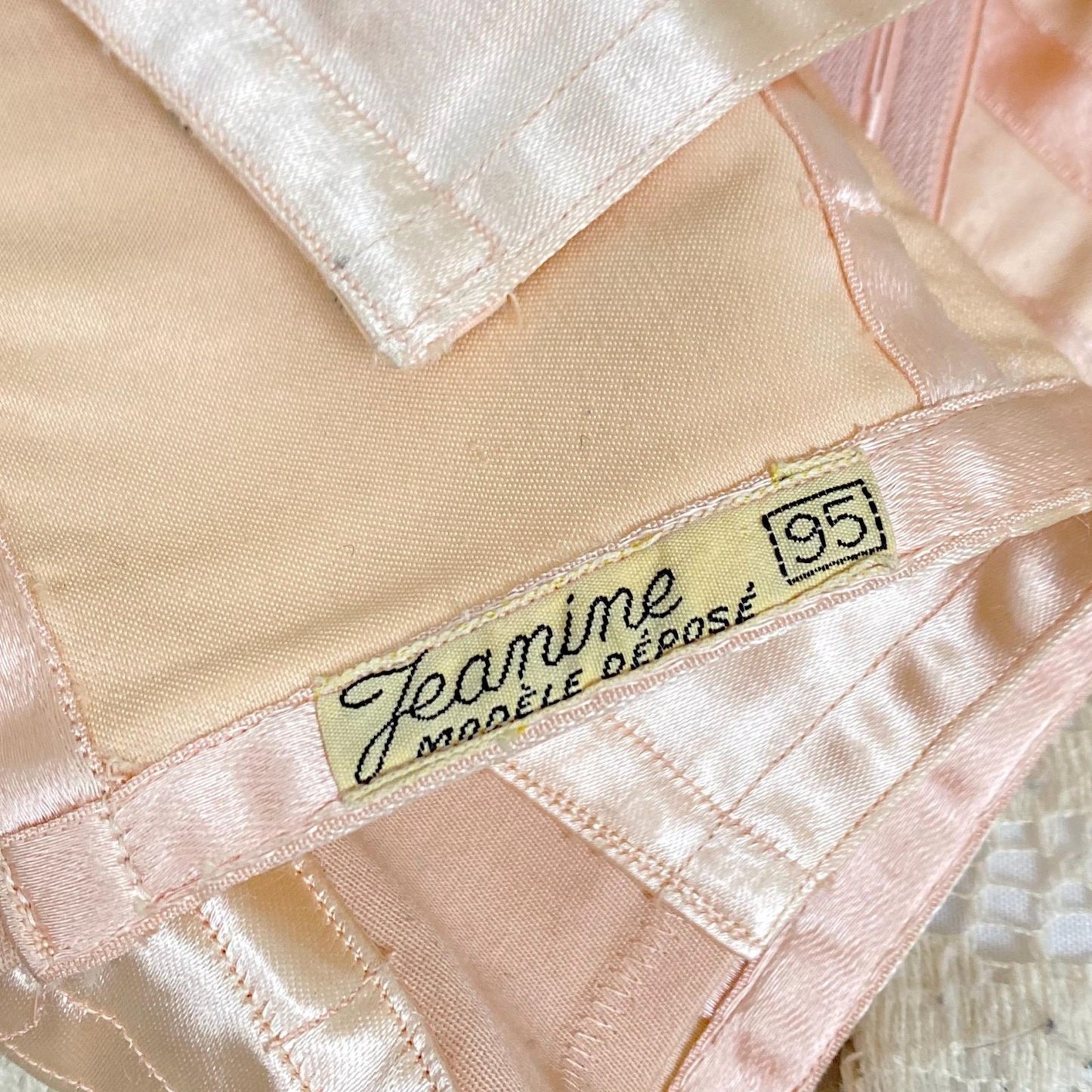 Vintage 1950's Longline Cathedral Bra - Petal Pink Rayon Satin with Tulle Darted Cups & Velvet Lining - 36 B - By Jeanine, Made in France - Daggers & Dames