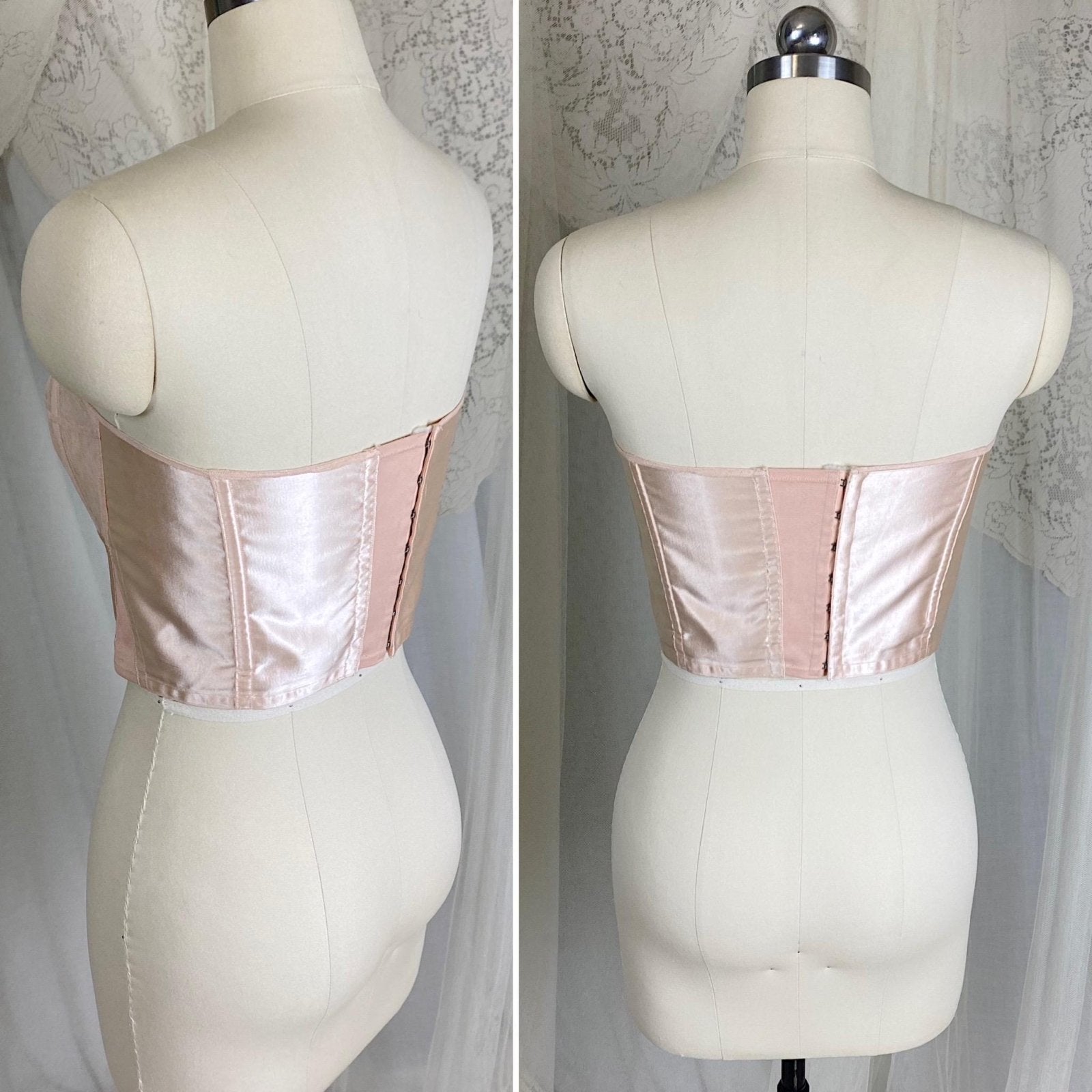 Vintage 1950's Longline Cathedral Bra - Petal Pink Rayon Satin with Tulle Darted Cups & Velvet Lining - 36 B - By Jeanine, Made in France - Daggers & Dames