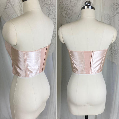 Vintage 1950's Longline Cathedral Bra - Petal Pink Rayon Satin with Tulle Darted Cups & Velvet Lining - 36 B - By Jeanine, Made in France - Daggers & Dames