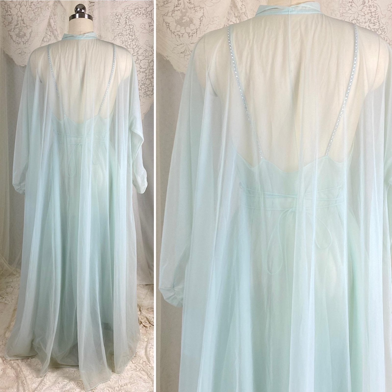 Vintage 1950's Nightgown & Peignoir Set | Sheer Pale Blue Nylon Chiffon with Rhinestones | Size M | Vanity Fair Conversation Piece Line - Daggers & Dames