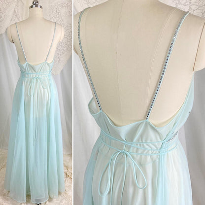 Vintage 1950's Nightgown & Peignoir Set | Sheer Pale Blue Nylon Chiffon with Rhinestones | Size M | Vanity Fair Conversation Piece Line - Daggers & Dames