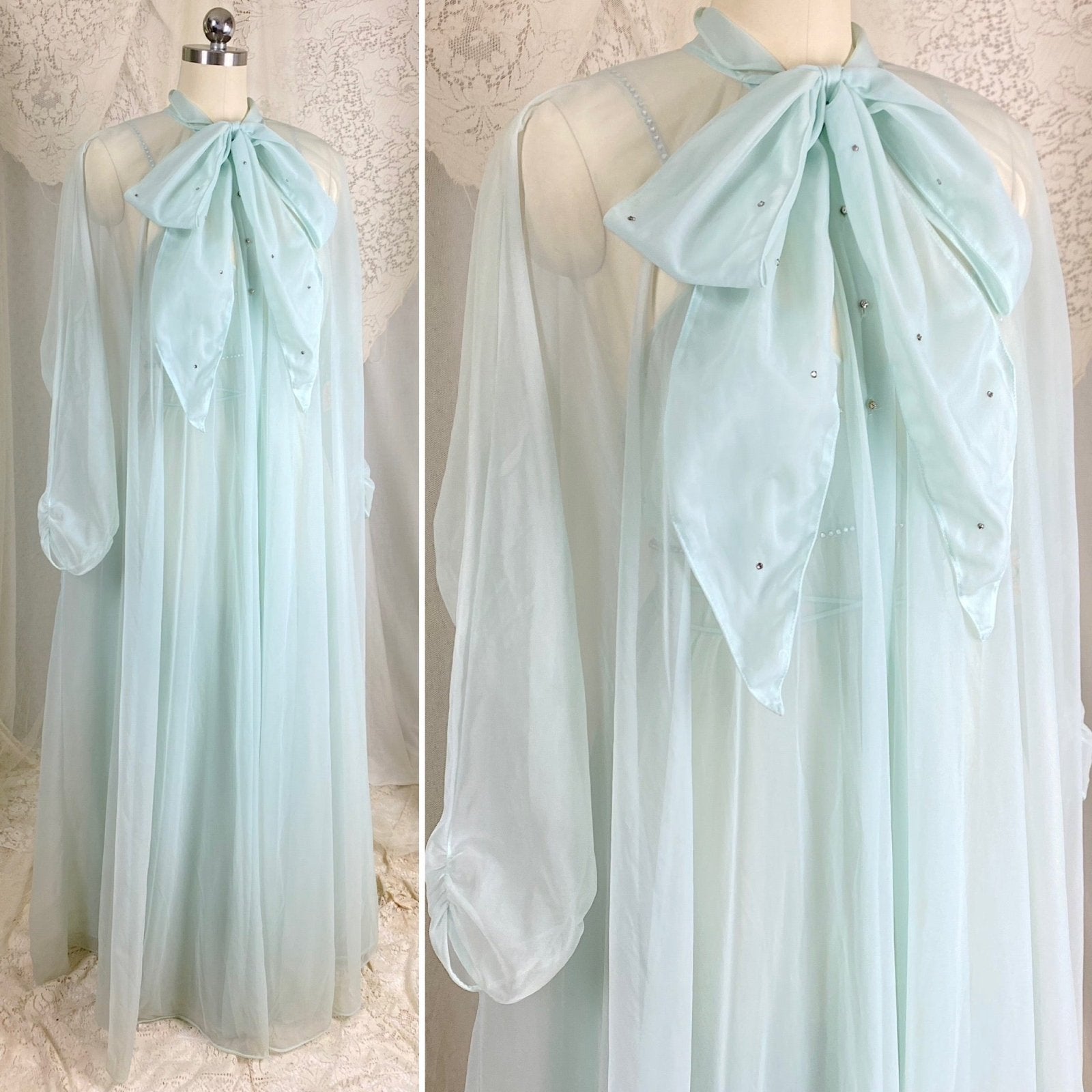 Vintage 1950's Nightgown & Peignoir Set | Sheer Pale Blue Nylon Chiffon with Rhinestones | Size M | Vanity Fair Conversation Piece Line - Daggers & Dames