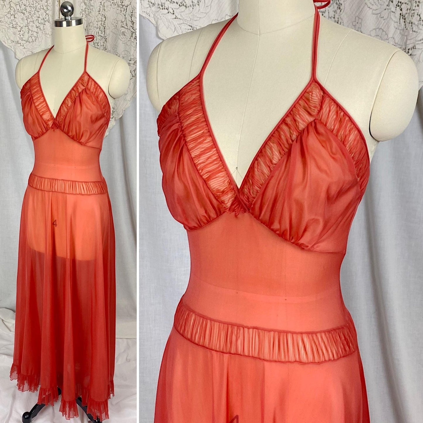 Vintage 1950's Nightgown | Scarlet Red Nylon with Halter Neckline & Crystal Pleating | Size XS, S | Faerie by Surelock - Daggers & Dames
