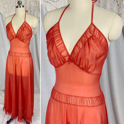 Vintage 1950's Nightgown | Scarlet Red Nylon with Halter Neckline & Crystal Pleating | Size XS, S | Faerie by Surelock - Daggers & Dames