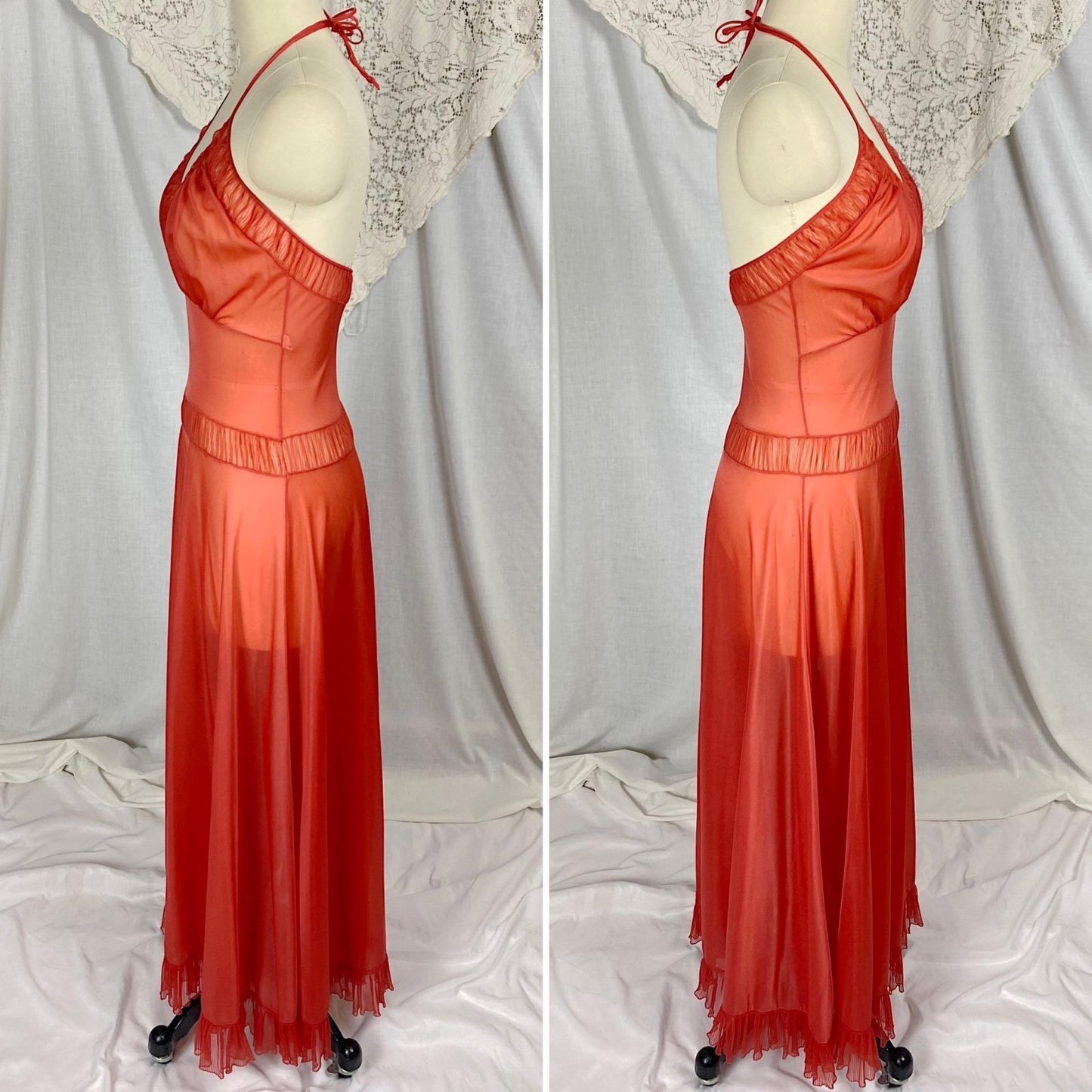 Vintage 1950's Nightgown | Scarlet Red Nylon with Halter Neckline & Crystal Pleating | Size XS, S | Faerie by Surelock - Daggers & Dames