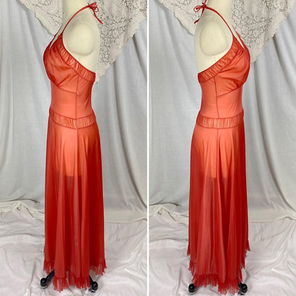 Vintage 1950's Nightgown | Scarlet Red Nylon with Halter Neckline & Crystal Pleating | Size XS, S | Faerie by Surelock - Daggers & Dames