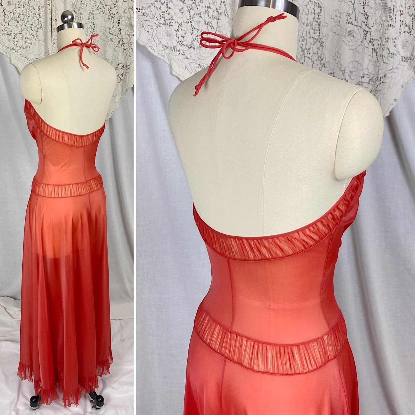 Vintage 1950's Nightgown | Scarlet Red Nylon with Halter Neckline & Crystal Pleating | Size XS, S | Faerie by Surelock - Daggers & Dames