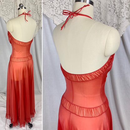Vintage 1950's Nightgown | Scarlet Red Nylon with Halter Neckline & Crystal Pleating | Size XS, S | Faerie by Surelock - Daggers & Dames