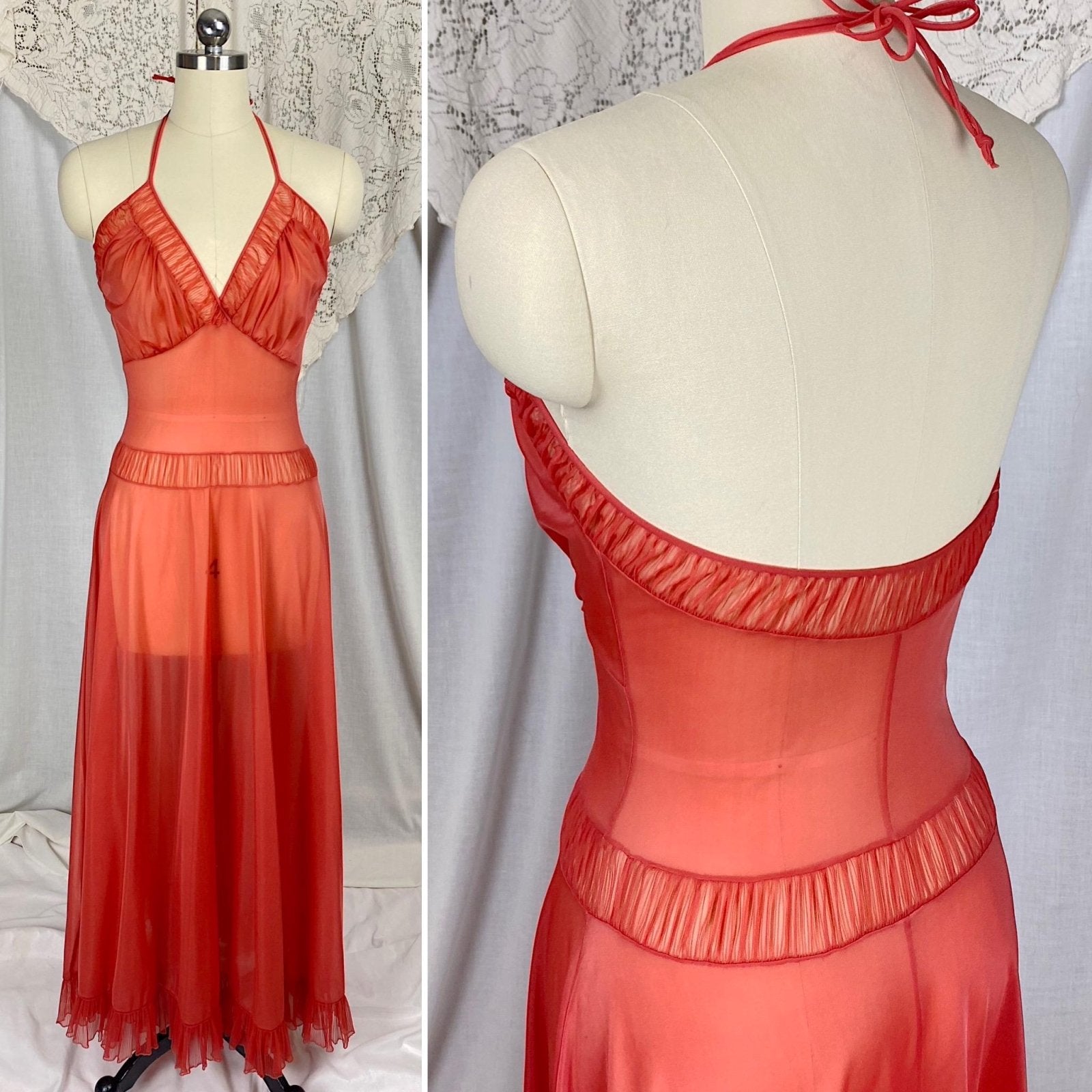 Vintage 1950's Nightgown | Scarlet Red Nylon with Halter Neckline & Crystal Pleating | Size XS, S | Faerie by Surelock - Daggers & Dames