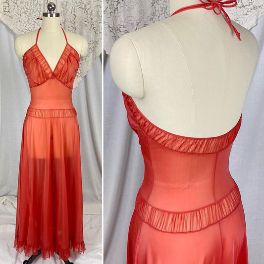 Vintage 1950's Nightgown | Scarlet Red Nylon with Halter Neckline & Crystal Pleating | Size XS, S | Faerie by Surelock - Daggers & Dames