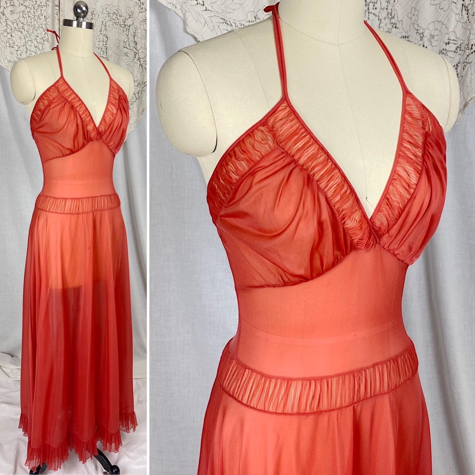 Vintage 1950's Nightgown | Scarlet Red Nylon with Halter Neckline & Crystal Pleating | Size XS, S | Faerie by Surelock - Daggers & Dames