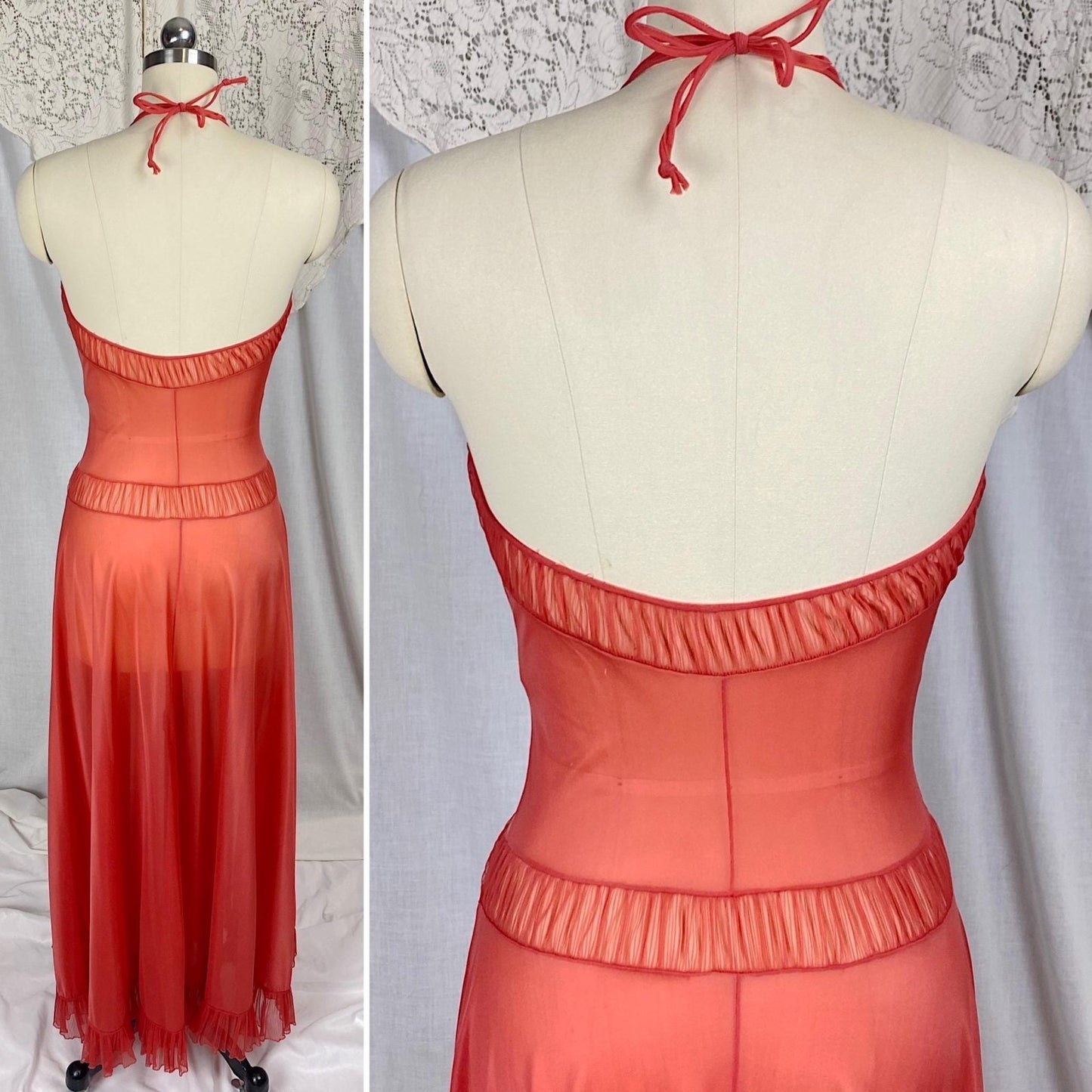 Vintage 1950's Nightgown | Scarlet Red Nylon with Halter Neckline & Crystal Pleating | Size XS, S | Faerie by Surelock - Daggers & Dames