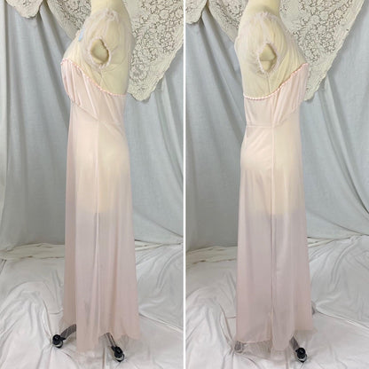 Vintage 1950's Nightgown | Semi Sheer Pink Nylon with Tulle Bodice and Puffed Sleeves | Size XS, S | By Beverly Vogue - New with Tags - Daggers & Dames