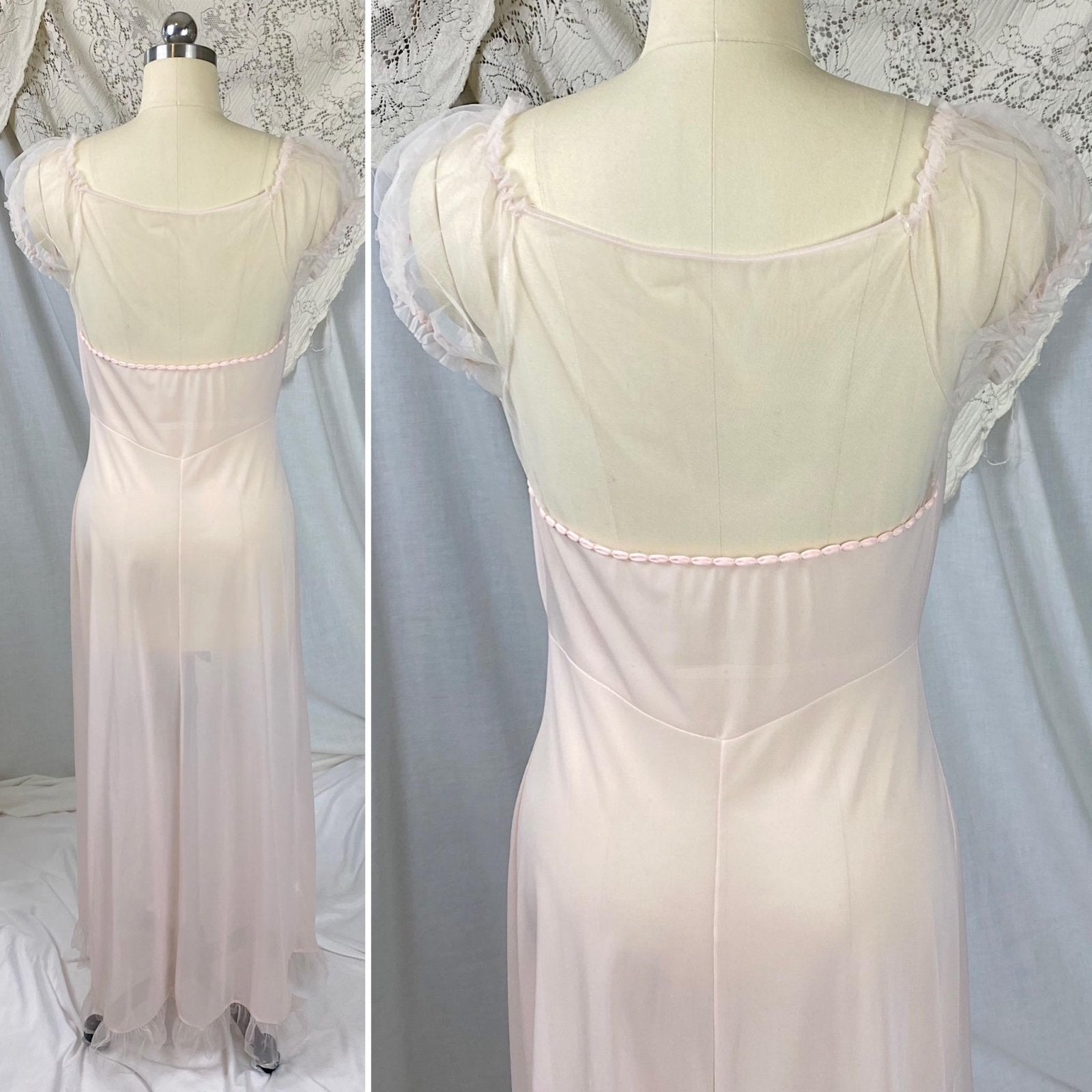 Vintage 1950's Nightgown | Semi Sheer Pink Nylon with Tulle Bodice and Puffed Sleeves | Size XS, S | By Beverly Vogue - New with Tags - Daggers & Dames