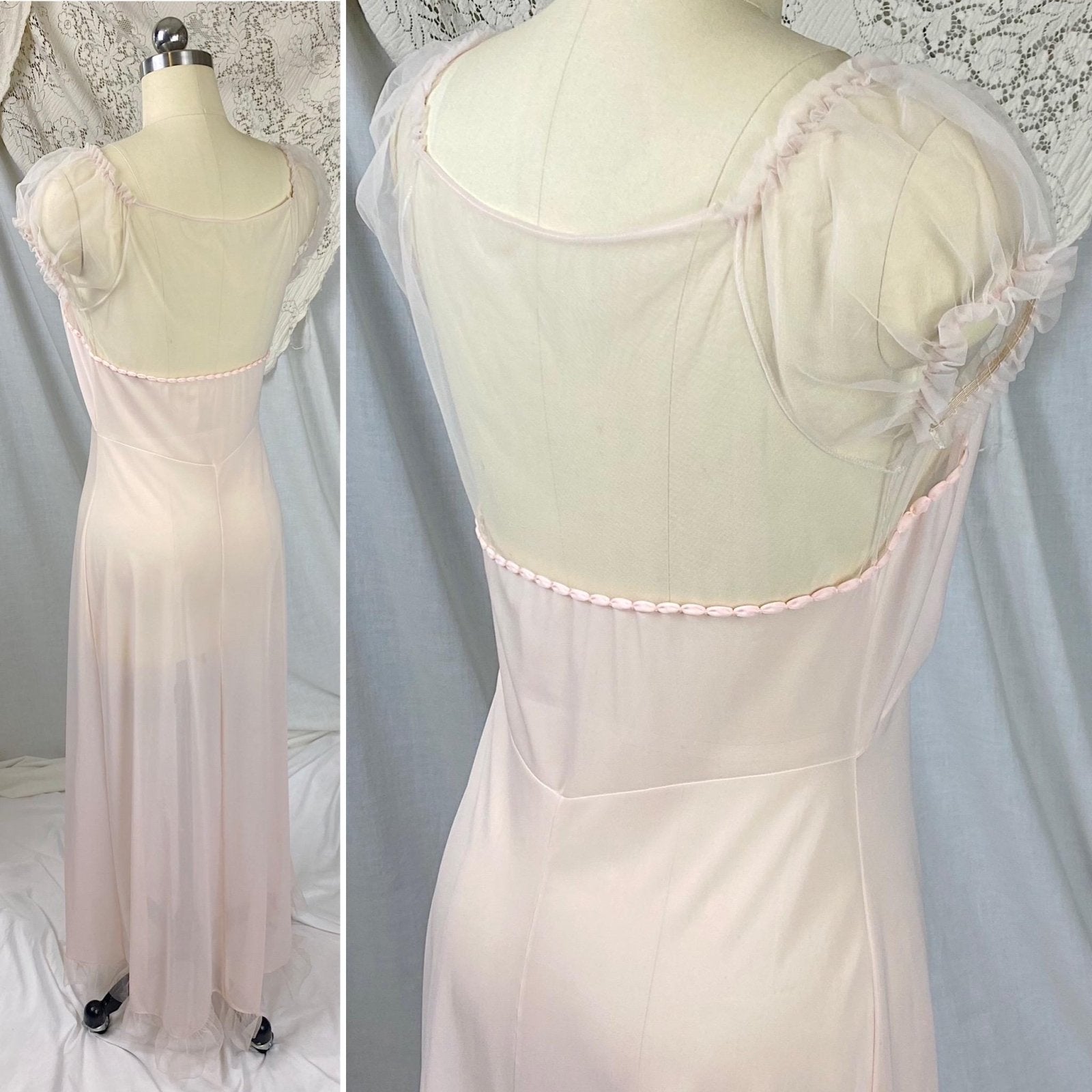 Vintage 1950's Nightgown | Semi Sheer Pink Nylon with Tulle Bodice and Puffed Sleeves | Size XS, S | By Beverly Vogue - New with Tags - Daggers & Dames