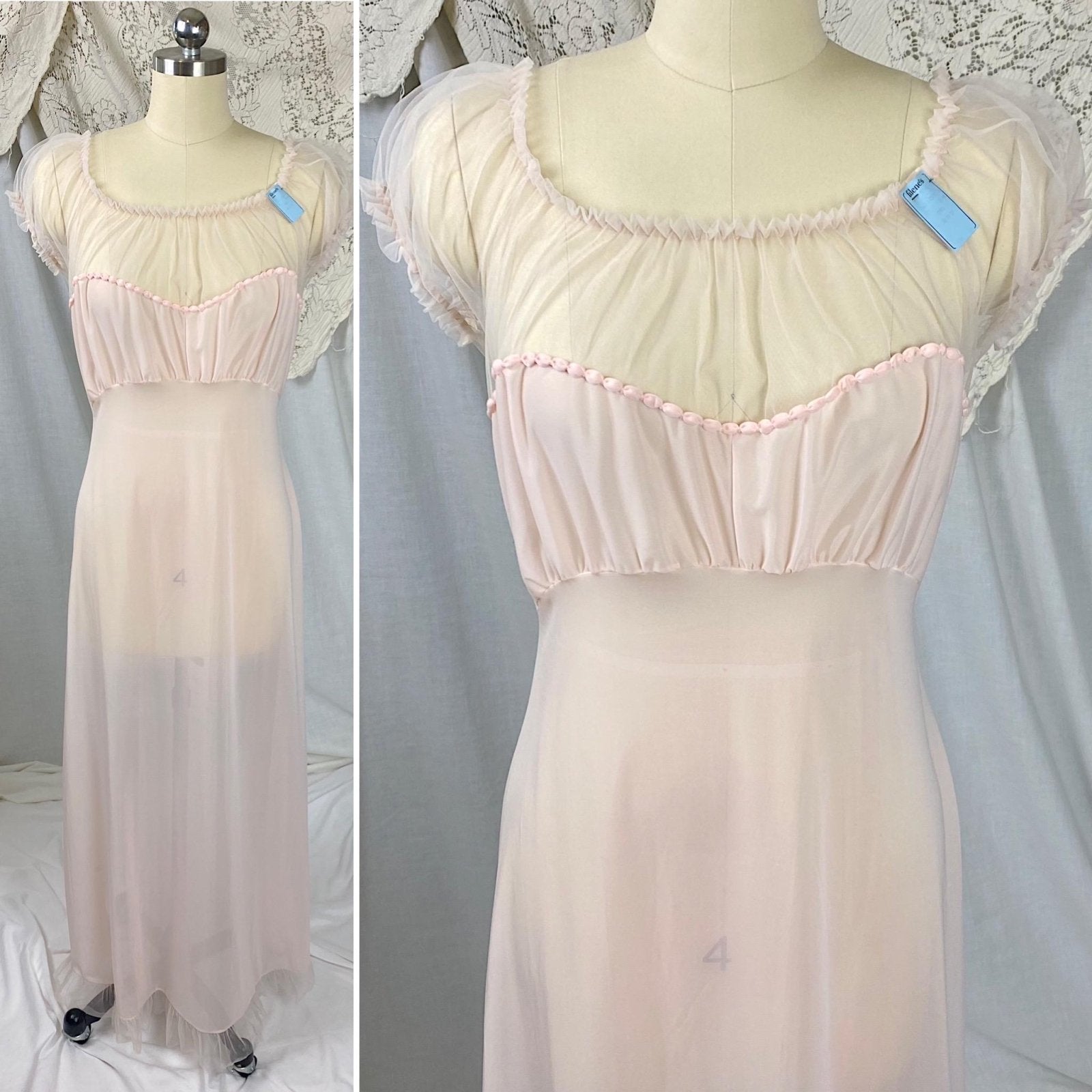 Vintage 1950's Nightgown | Semi Sheer Pink Nylon with Tulle Bodice and Puffed Sleeves | Size XS, S | By Beverly Vogue - New with Tags - Daggers & Dames