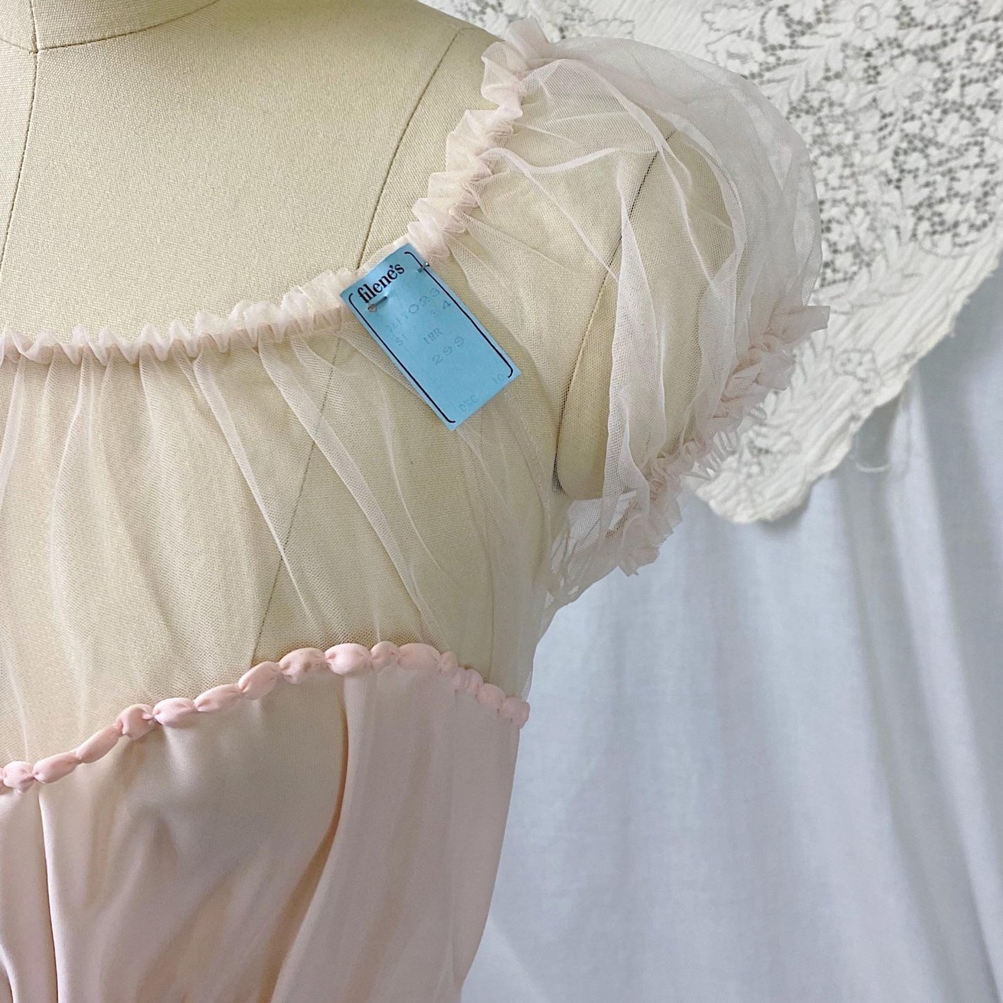 Vintage 1950's Nightgown | Semi Sheer Pink Nylon with Tulle Bodice and Puffed Sleeves | Size XS, S | By Beverly Vogue - New with Tags - Daggers & Dames